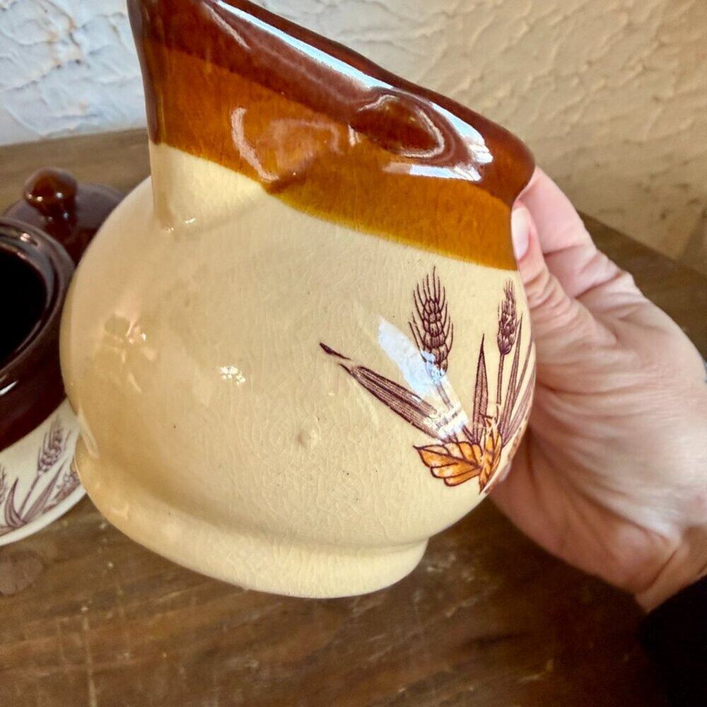 Vintage Stoneware Creamer & Sugar Bowl Set | Brown Drip Glaze Wheat Design - Picture 10 of 11